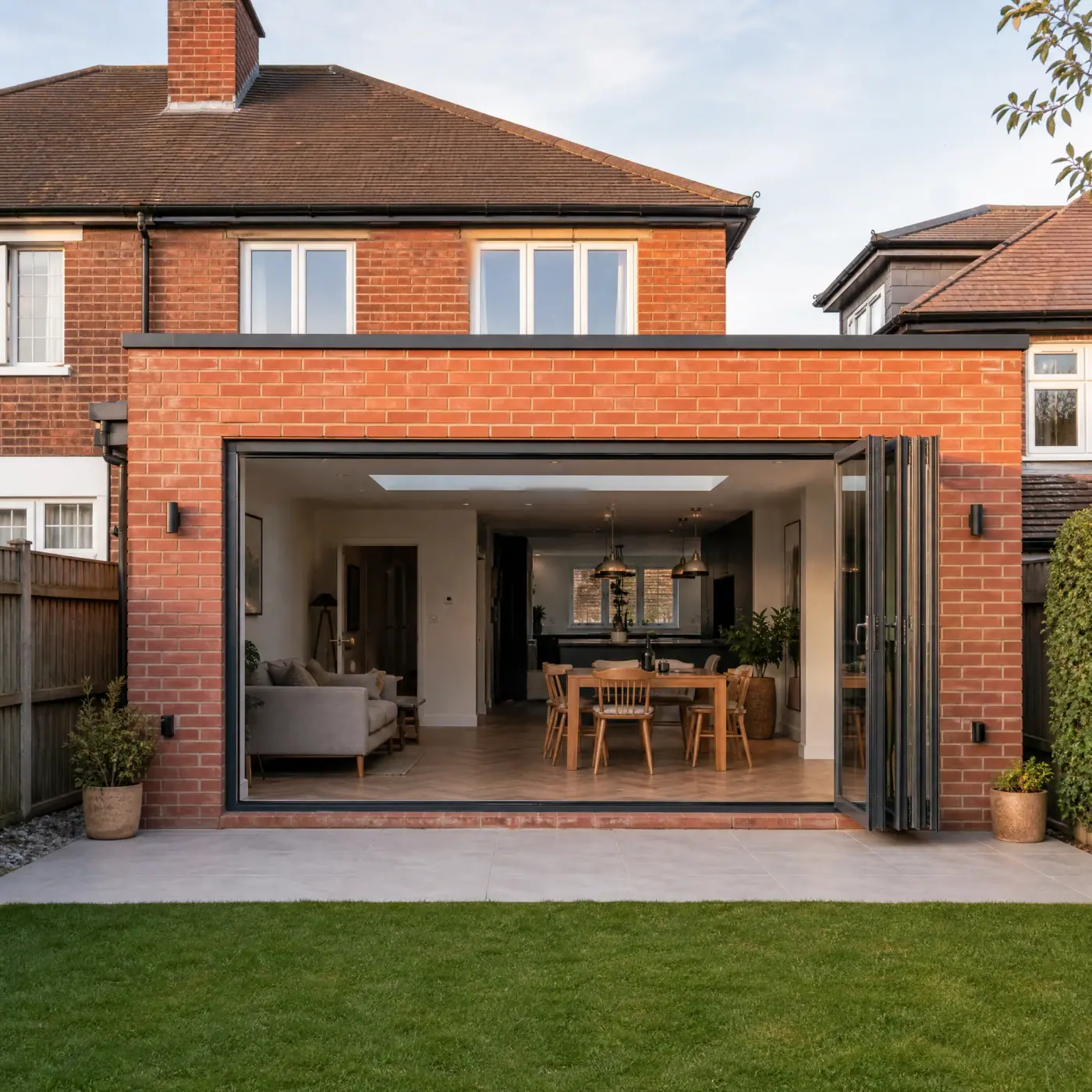 Flat-roofed brick rear extension with wide folding doors opening onto a paved patio