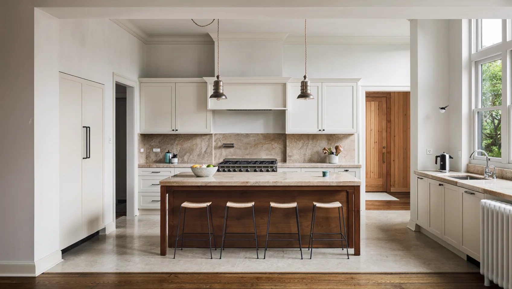White shaker kitchen with a walnut island, stools and a stone splashback