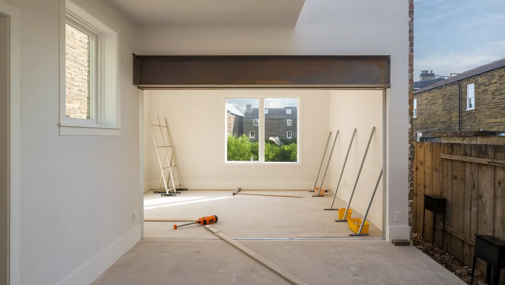 Steel beam spanning an opened-up wall in a bare room with flooring tools on the floor