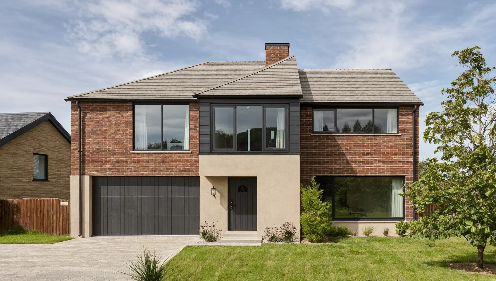 Modern detached house in brick and render with a dark integral garage door and a paved drive