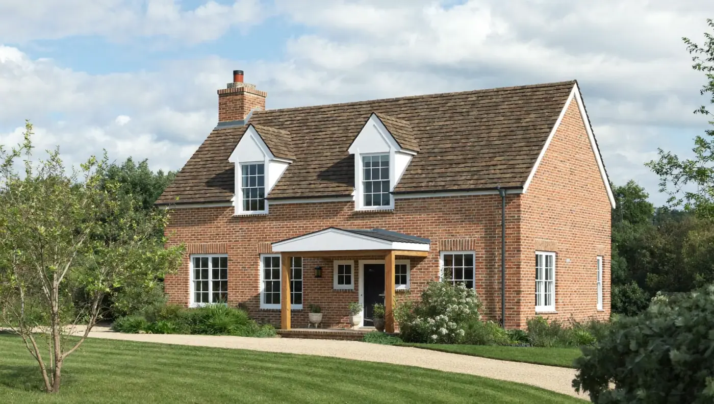 Detached brick house with a clay-tile roof, two dormer windows and a porch, set in a large garden