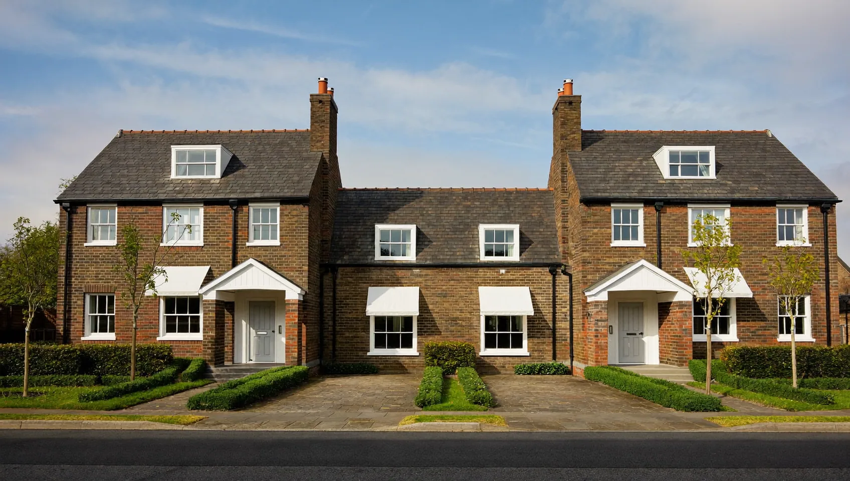 Pair of brick houses with slate roofs, dormer windows and neat hedging